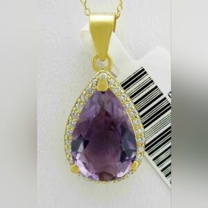 New 2.35 CTS Amethyst/White Sapphirs Teardrop Gold/925 Sterling Silver Necklac
